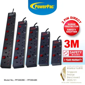 PowerPac Extension Cord, Extension Socket, Power Cord 3 Meter 1/2/3/4/5/6 way (PP3881BK to PP3886BK)